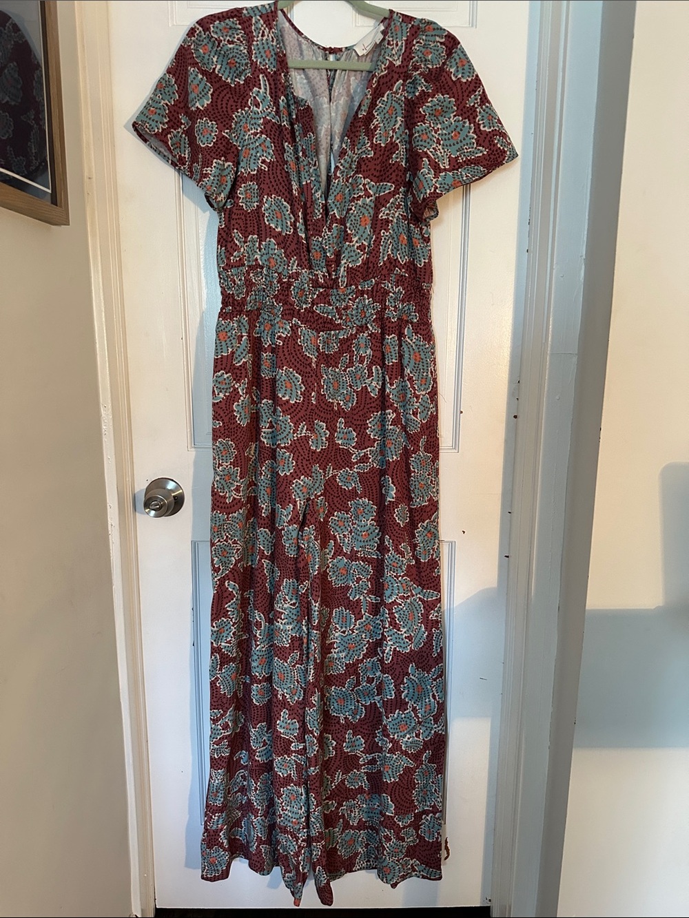 Anthropologie Burgundy and Teal Floral Jumpsuit